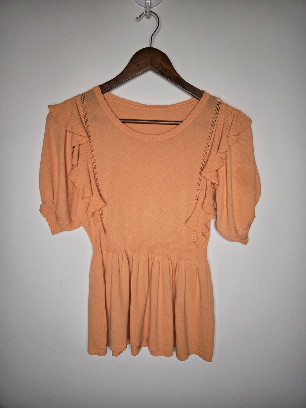 Free People Weekend Brunch Peach Orange Ruffle Short Sleeve Knit Peplum Top XS